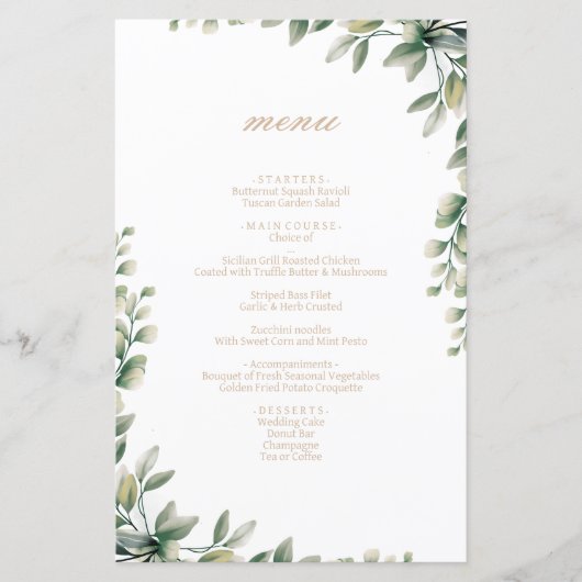 Moderne Eukalyptus-Blätter Hochzeitsmenü (Vorderseite)