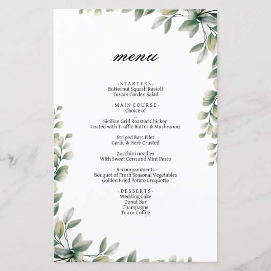 Moderne Eukalyptus-Blätter Hochzeitsmenü (Vorderseite)