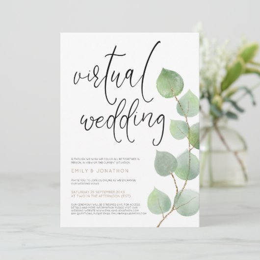 Moderne Eukalyptus-Blätter Skript Virtual Wedding Einladung (Stehend Vorderseite)
