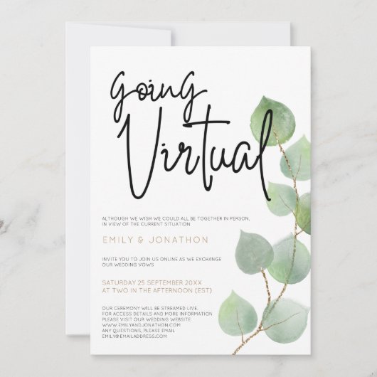 Moderne Eukalyptus-Blätter Skript Virtual Wedding Einladung (Vorderseite)
