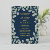 Moderne Eukalyptus Blue & Real Gold Wedding Folieneinladung (Stehend vorne)
