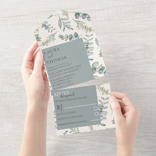 Moderne Eukalyptus Dusty Blue Pattern Wedding All In One Einladung (Abreißen)