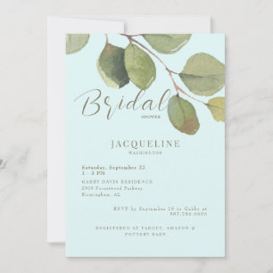 Moderne Eukalyptus-Eisblau-Gold-Text-Brautparty Einladung