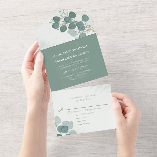 Moderne Eukalyptus Elegante Rustikale botanische B All In One Einladung (Abreißen)