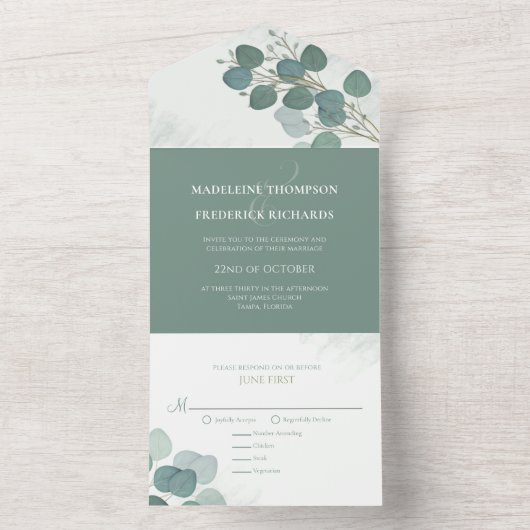 Moderne Eukalyptus Elegante Rustikale botanische B All In One Einladung (Innen Boden)