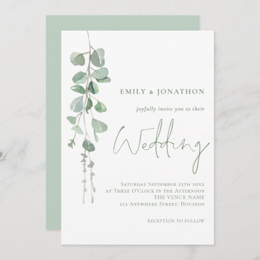 Moderne Eukalyptus Elegante Sage Script Wedding Einladung (Vorne/Hinten)