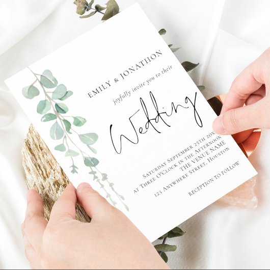 Moderne Eukalyptus Elegante Script Wedding Einladung