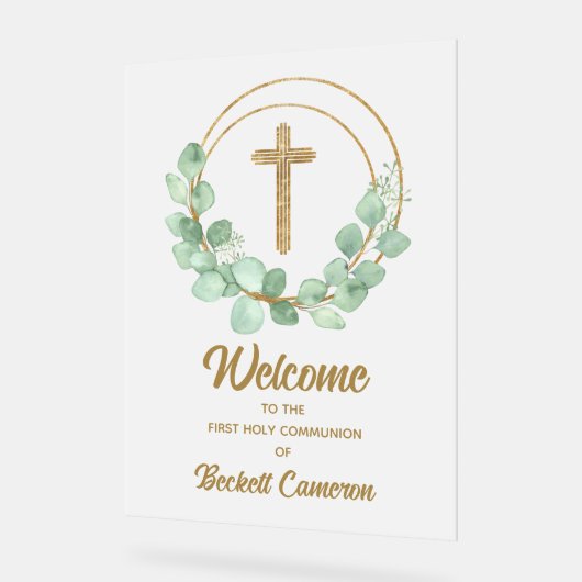 Moderne Eukalyptus Erste Kommune Willkommen Acrylschild (Winkel)