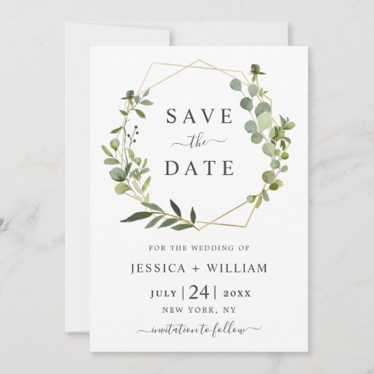 Moderne Eukalyptus-Floral Geometric-Rahmen-Hochzei Save The Date (Vorderseite)