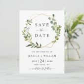 Moderne Eukalyptus-Floral Geometric-Rahmen-Hochzei Save The Date (Stehend Vorderseite)