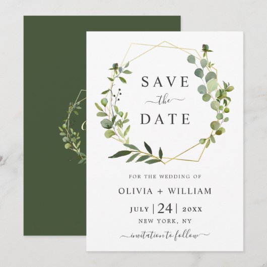 Moderne Eukalyptus-Floral Geometric-Rahmen-Hochzei Save The Date (Vorne/Hinten)