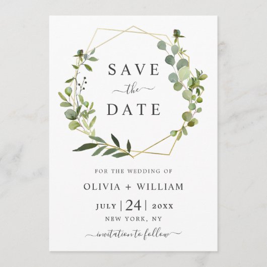 Moderne Eukalyptus-Floral Geometric-Rahmen-Hochzei Save The Date (Vorderseite)
