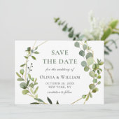 Moderne Eukalyptus-Floral Geometric-Rahmen-Hochzei Save The Date (Stehend Vorderseite)