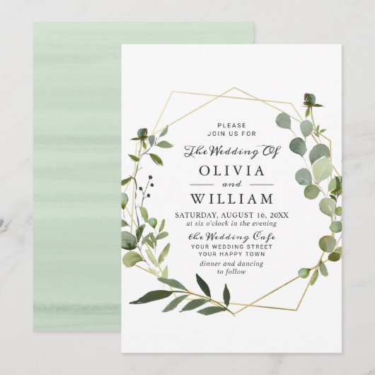 Moderne Eukalyptus Foliage Geometric Frame Wedding Einladung (Vorne/Hinten)