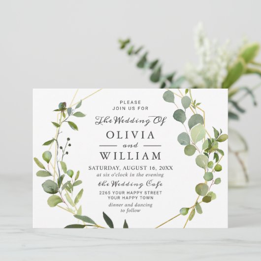 Moderne Eukalyptus Foliage Geometric Frame Wedding Einladung (Stehend Vorderseite)