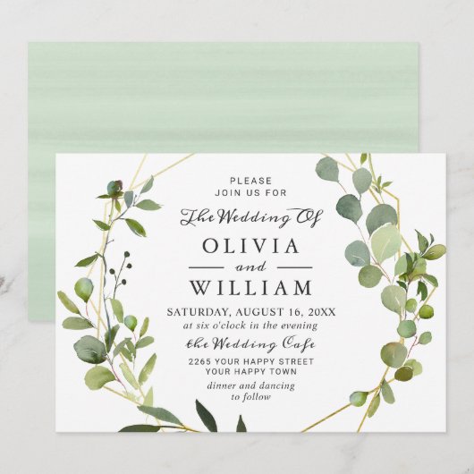 Moderne Eukalyptus Foliage Geometric Frame Wedding Einladung (Vorne/Hinten)
