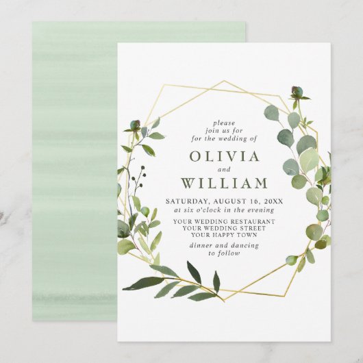 Moderne Eukalyptus Foliage Geometric Frame Wedding Einladung (Vorne/Hinten)