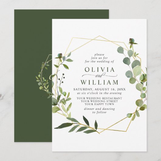 Moderne Eukalyptus Foliage Geometric Frame Wedding Einladung (Vorne/Hinten)