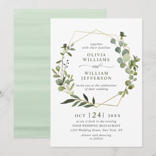 Moderne Eukalyptus Foliage Geometric Frame Wedding Einladung (Vorne/Hinten)