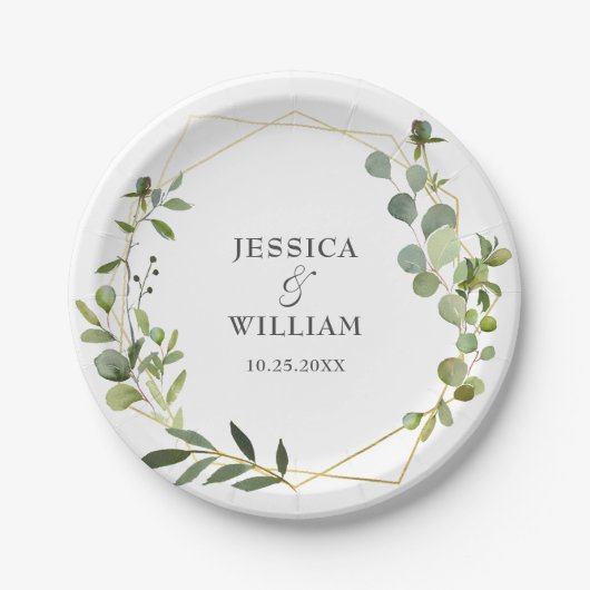 Moderne Eukalyptus Foliage Geometric Frame Wedding Pappteller (Vorderseite)