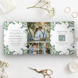 Moderne Eukalyptus Foto Collage QR Code Hochzeit Dreifach Gefaltete Einladung
