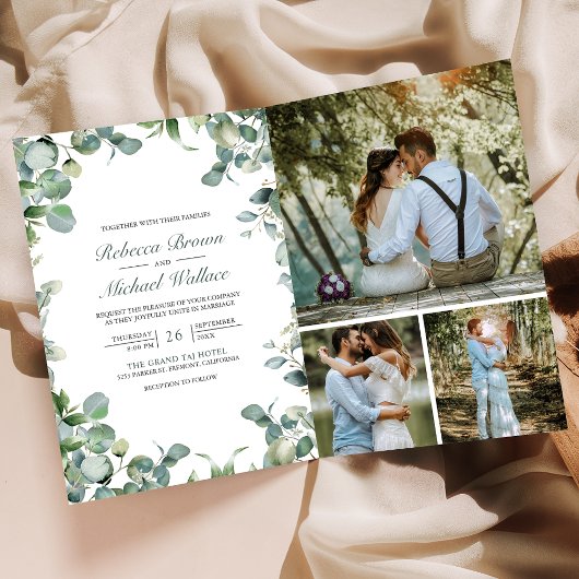 Moderne Eukalyptus-Foto-Collage-QR-Code-Hochzeit Einladung