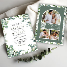 Moderne Eukalyptus Foto Collage QR Code Hochzeit Einladung