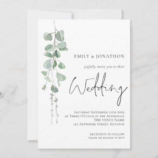 Moderne Eukalyptus-Foto-Script-Hochzeit Einladung (Vorderseite)