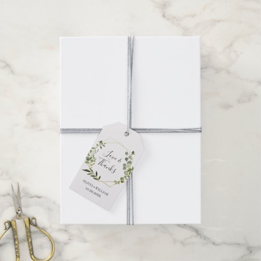 Moderne Eukalyptus Geometric Frame Floral Wedding Geschenkanhänger (Mit Garn)