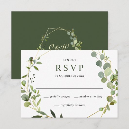 Moderne Eukalyptus Geometric Frame Wedding RSVP Karte (Vorne/Hinten)