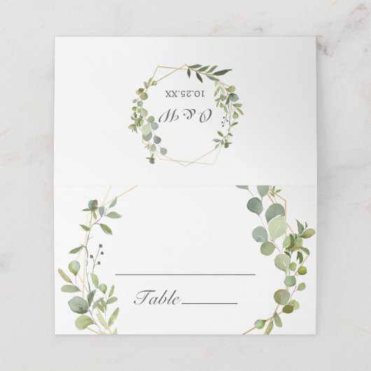 Moderne Eukalyptus Geometric Frame Wedding Table Platzkarte (Außenseite Aufgefaltet)