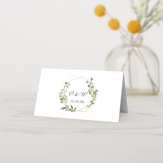 Moderne Eukalyptus Geometric Frame Wedding Table Platzkarte (Rückseite)