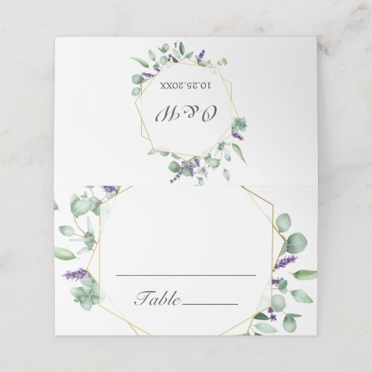 Moderne Eukalyptus Geometric Frame Wedding Table Platzkarte (Außenseite Aufgefaltet)