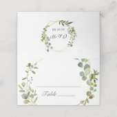 Moderne Eukalyptus Geometric Frame Wedding Table Platzkarte (Außenseite Aufgefaltet)