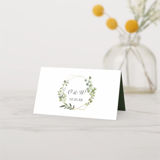 Moderne Eukalyptus Geometric Frame Wedding Table Platzkarte (Rückseite)