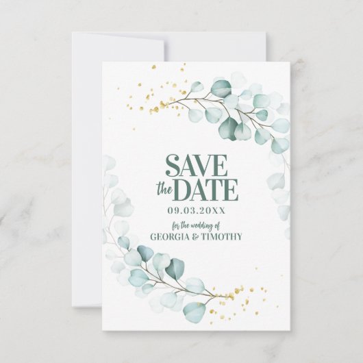 Moderne Eukalyptus-Gold-Glitzern Save The Date (Vorderseite)