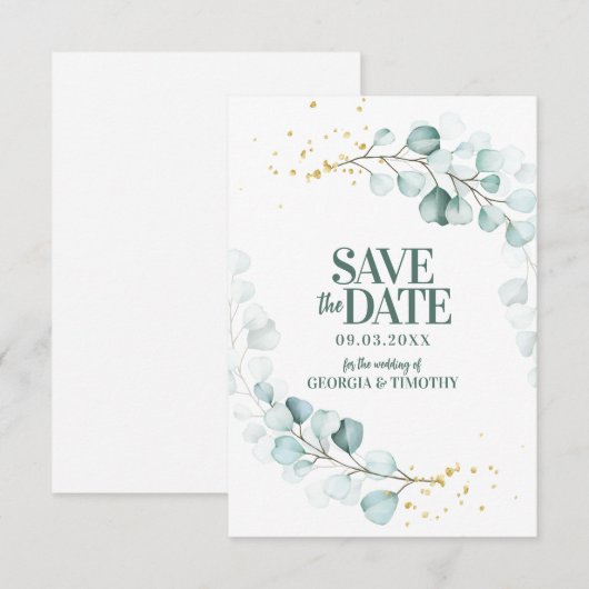 Moderne Eukalyptus-Gold-Glitzern Save The Date (Vorne/Hinten)