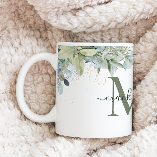 Moderne Eukalyptus Greenery Floral Monogram Kaffeetasse