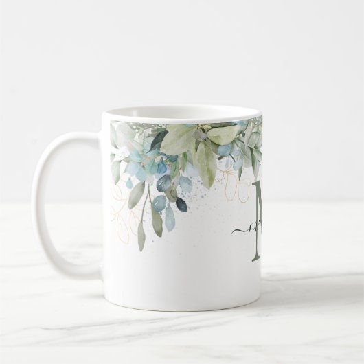 Moderne Eukalyptus Greenery Floral Monogram Kaffeetasse (Links)