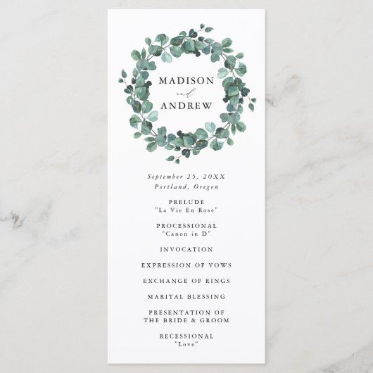 Moderne Eukalyptus Greenery Hochzeitsfeier Programm (Vorderseite)