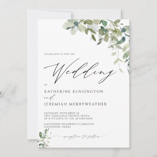 Moderne Eukalyptus Greenry Script Wedding Einladung (Vorderseite)