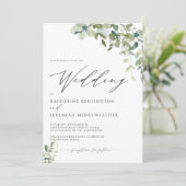 Moderne Eukalyptus Greenry Script Wedding Einladung (Stehend Vorderseite)