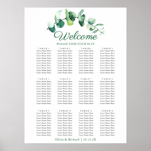 Moderne Eukalyptus-Grün-Hochzeits-Sitzplan Poster (Vorne)
