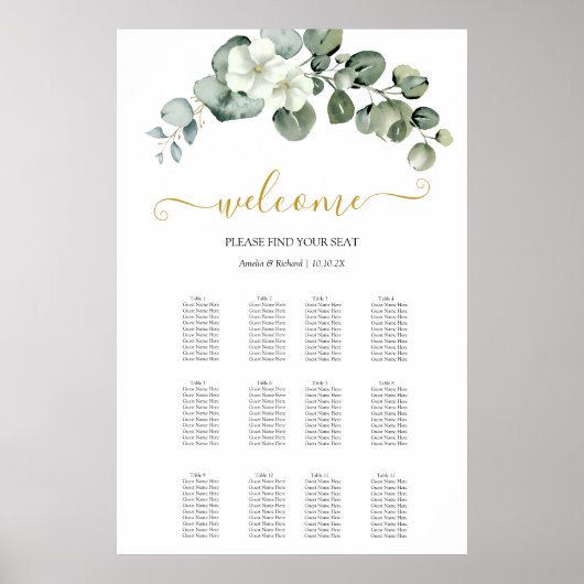 moderne Eukalyptus-Grün-Hochzeits-Sitzplan Poster (Vorne)