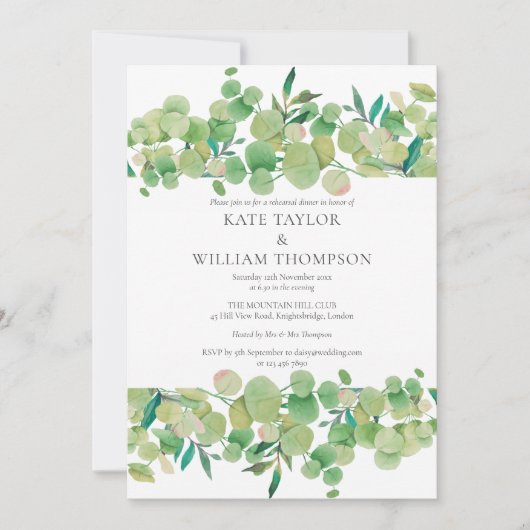 Moderne Eukalyptus Grüne Probe Abendessen Einladung (Vorderseite)