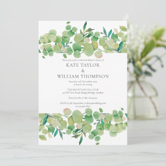 Moderne Eukalyptus Grüne Probe Abendessen Einladung (Stehend Vorderseite)