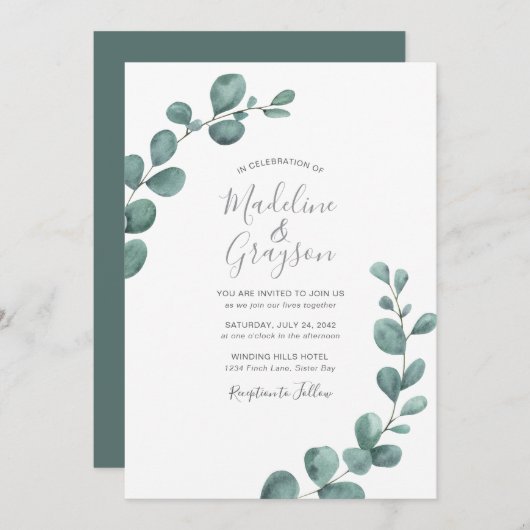 Moderne Eukalyptus-Grünschrift Einladung (Vorne/Hinten)