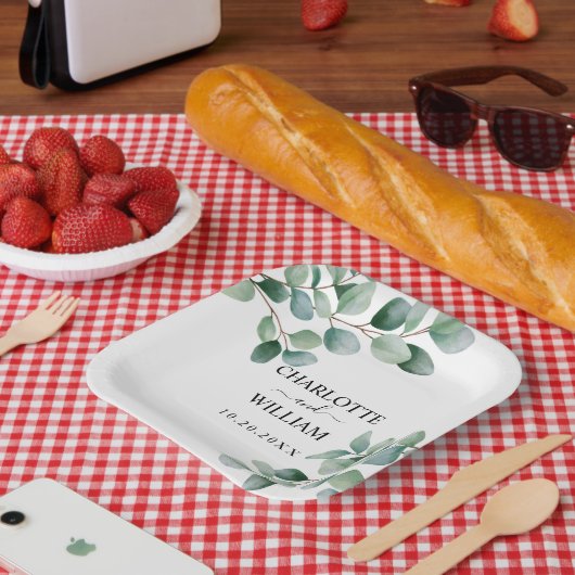 Moderne Eukalyptus-Grünzeug-Hochzeit Pappteller (Picknick)