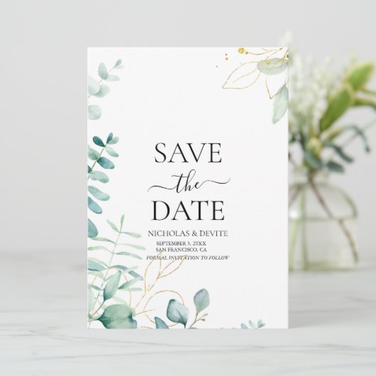 moderne Eukalyptus-Grünzeug-Hochzeit Save The Date (Stehend Vorderseite)