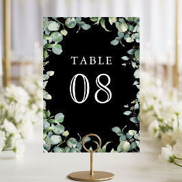 Moderne Eukalyptus-Grünzeug Schwarze Hochzeit Tischnummer